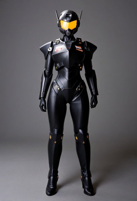 A full length 35mm photo of a sleek futuristic scene, a female gundam robot in a form-fitting gloss black armored suit with gold accents, wearing leather boots, her stance exuding a sense of femininity and grace , standing in a military hangar, smooth featureless face
TheFaceLess, Polaroid Style, Polaroid photography, over exposed style, flash photography style, Kodak, fujifilm, bright light, white light
