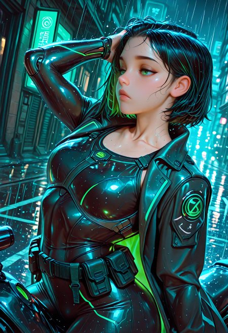 SmoothNoob_Quality, night, 1girl, solo, short dark hair, glowing green highlights, green eyes, collarbone, toned, (long coat), neon green trim, fitted black tactical armor, cybernetic mechanical arm, holographic interface, leaning back, adjusting hair, futuristic utility belt, dynamic angle, face focus, from side, riding motorbike, gazing forward, focused expression, outdoors, standing, street, (rain), futuristic urban background, fog, (dark:1.1), black theme,  <lora:SmoothStyle_Beta:1>