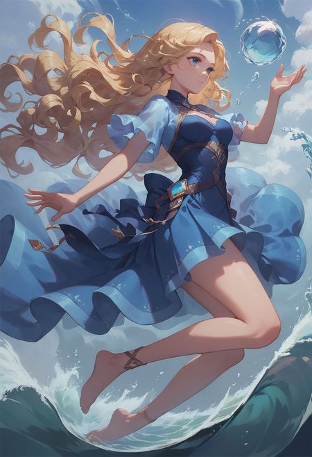 score_9, score_8_up, score_7_up, female mage, flying above ocean, waves, waves parted, blue robes, crystalline staff, deep blue eyes, blonde hair, flowing hair, ocean life in water