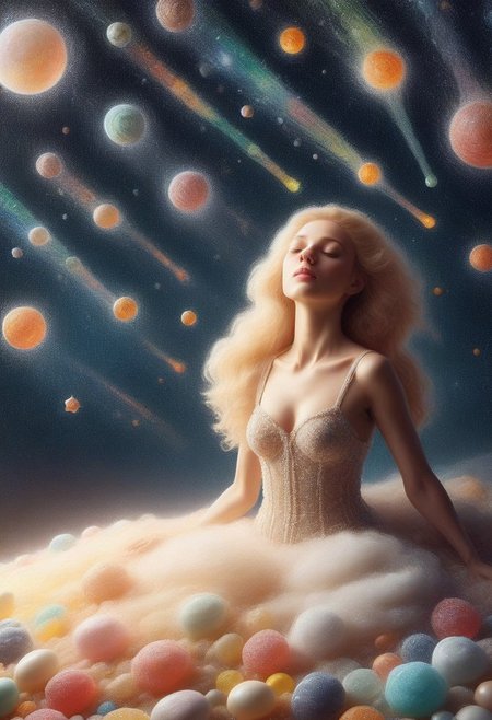 portrait of gorgeous blonde maiden sleeping on a cloud, light and shadows, 64k, starry brilliance, HD, audacious detailed fantasy, digital art