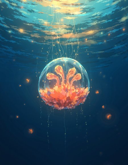 A poignant underwater scene, reminiscent of Hayao Miyazaki's dreamlike storytelling, featuring a colossal jellyfish made of vibrant, mismatched patchwork pieces, its translucent body glowing softly, as if illuminated from within, against a deep blue background with warm, golden light filtering down from above, evoking a sense of ethereal wonder, shot in a cinematic style with a shallow depth of field, emphasizing the intricate textures of the jellyfish's patchwork body, with a subtle film grain and muted color palette, imbuing the scene with a nostalgic, timeless quality. The painting is in the style of umesky. <lora:ume_sky_v2:1>