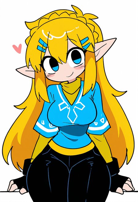 masterpiece, best quality, medium breasts, (curvy),   BREAK,  princess zelda, long hair, crown braid, hairclip, pointy ears, blue shirt, long sleeves, fingerless gloves, black gloves, black pants, tight pants, smile, curvy, head tilt, sitting,  ,,, ,,, <lora:ZankuroStyle_NAI:0.6>,smile, looking at viewer, cowboy shot,  leaning forward, head tilt,  <lora:ToonCAT_NAI:0.8>,