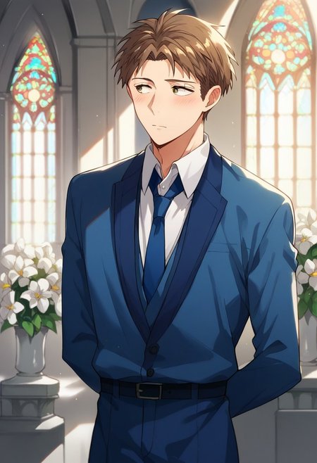 score_9, score_8_up, score_7_up, source_anime, rating_safe, white flowers, Horikun, 1boy, male focus, looking away, blushing, closed mouth, hands behind back, blue formal suit, blue necktie, indoors church, wedding,