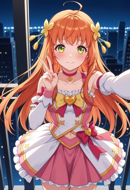masterpiece,best quality,amazing quality,
<lora:NoobV065sHyperDmd:.5>,
1girl, solo, orange hair, green eyes, long hair, hair flower, ahoge,, <lora:kohana_aigasaki_meipaws:1>,
(magical girl), choker, frills, bare shoulders, pink skirt, bow, waist bow, hair ornament, midriff, outdoors, rooftop, cityscape, building, selfie, outstretched arm, taking picture, heart brooch, night, night sky, balcony, reaching towards viewer, detached sleeves, city lights, cowboy shot, looking at viewer, blurry, blurry background, bokeh, peace sign, hand up, blush, closed mouth, smile,thigh gap,