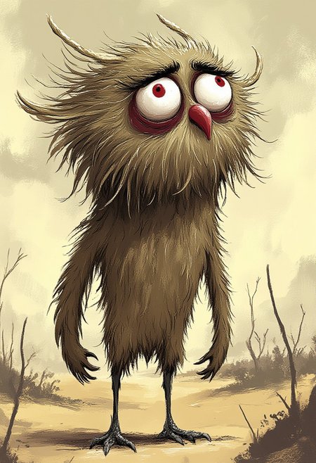 A whimsical illustration in dark whimsical art style of a grotesque and unsettling scene of a bizarre creature engaging in a strange and unnatural act. The creature, resembling a humanoid sparrow, stands on a barren and dusty ground, its red beady eyes fixed on something in the distance. Its body is covered in a thick, matted layer of brown feathers, with long, thin horns protruding from its head. The creature's face is long and pointed, with large, round eyes that seem to be staring into the abyss. Its arms and legs are thin and spindly, ending in sharp, claw-like fingers and toes. The creature's mouth is a small, pointed beak, and its overall appearance is one of eerie, unnatural fascination, characteristic Tim Burton inspired design with oversized eyes