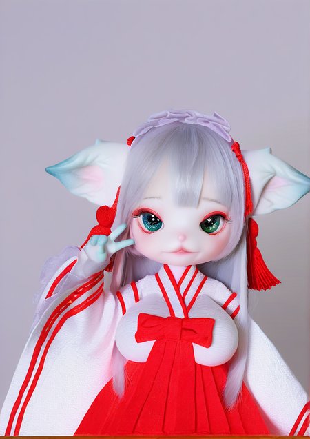 <lora:DOLL_ZONE_furry:1>,1girl, huge breasts, Miss Kitty(m), young girl, animal ears, Ears Down, green eyes, SILVER HAIR, long hair, blue eyes, japanese clothes, miko clothes, hakama, miko, closed mouth, hand up, lipstick, looking at viewer, parted lips, smile, solo, upper body, v,