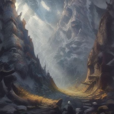 ((Masterpiece)), realistic digital painting of the hall of the mountain, official art,  perfect composition, cinematic lighting, crepuscular rays,