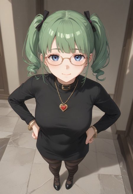 score_9, score_8_up, score_7_up (((beautiful, high quality))) female, Expressiveh <lora:Expressive_H:1> (masterpiece:0.7) (best quality:1.1) 1girl, solo <lora:seesaw_Pony_v1:0.8> from above, full body.
<lora:receptionis001:0.7>,<lora:add_detail:0.5>,<lora:noline:0.3>,<lora:boldline:-0.3> green hair, short hair (eyewear:1.1) blue eyes.
1solo Milf full body standing straight symmetrical, looking at viewer, hands on hips, twin drills twin tails, striped pantyhose, golden handcuffs on their hands with a black leather collar around the golden heart necklace, hands on hips, lustful smirking smile face red blushed.