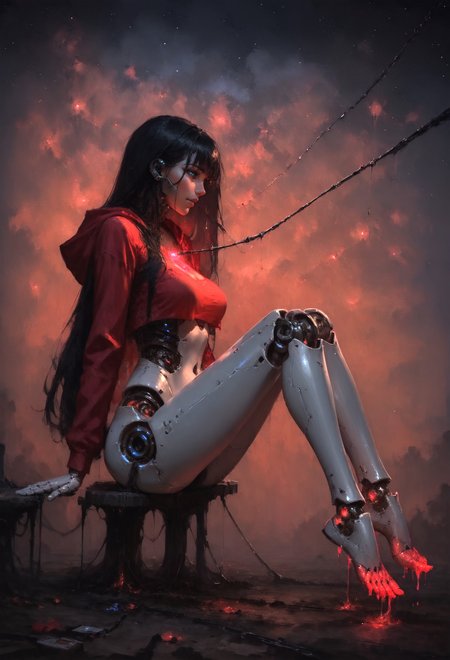 score_9, score_8_up, score_7_up,  robot girl, (robot joints, intervention unit, very complex robot, glowing chest:1.2), side view, full body, mechanical toes, solo, white long hair, large breasts, bangs, arched back, dark eyes, too tight burgundy hoodie, provocative, cosmic background, cables and wires everywhere, smirk, red theme, covered face  <lora:pony/twilight_style:0.8> <lora:pony/expressiveh:0.8> expressiveH <lora:pony/vixon_gothic_oil_style:0.45> d4rk01l <lora:sdxl/sinfully_stylish_sdxl>