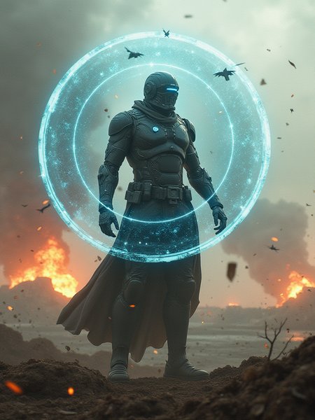 A futuristic warrior standing amidst a battlefield, with a holographic shield that reflects a distorted version of reality—explosions and debris freeze mid-air, giving the scene a suspended, otherworldly effect.