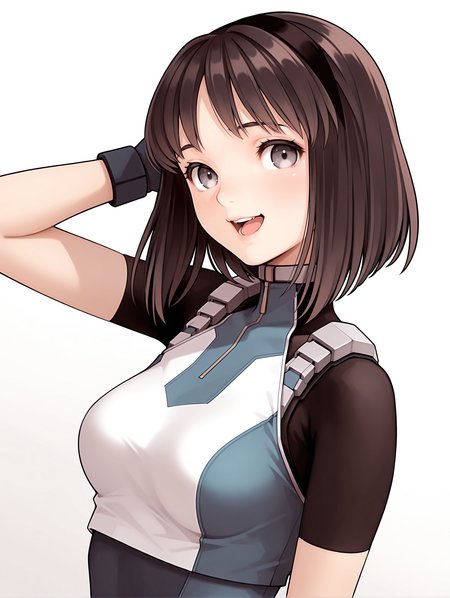 masterpiece,best quality,newest,
1girl,solo,
<lora:nagase_mari_ilxl_v1.0:1>,mari,black hair band,bob_cut,brown hair,grey eyes,
r_suit,turtleneck,skin tight,bodysuit,crop top,short sleeves,fingerless gloves,leotard,<lora:Fixhands_anime_bdsqlsz_V1:1>,looking_at_viewer,cinematic_angle,looking_at_viewer,white_background,simple_background,upper_body,face_focus,laughing,scratching head,gasping,