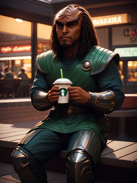 sitting at a sidewalk cafe drinking a latte <lora:Klingon_v2_pony:1> score_9,score_8_up,score_7_up,score_6_up,score_5_up,score_4_up , 1man, kling0n alien, large forehead ridges, brown skin, large eyebrows, wearing warrior armor,