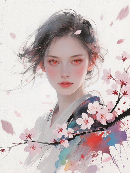 masterpiece, best quality, newest, absurdres, highres, intense eyes, sakura petals flying around, serene and fierce expression, delicate blush on cheeks, glowing smooth skin, ethereal floral atmosphere, dreamy ambient lighting, soft painterly textures, with the theme "the blossom that blooms through war and love"