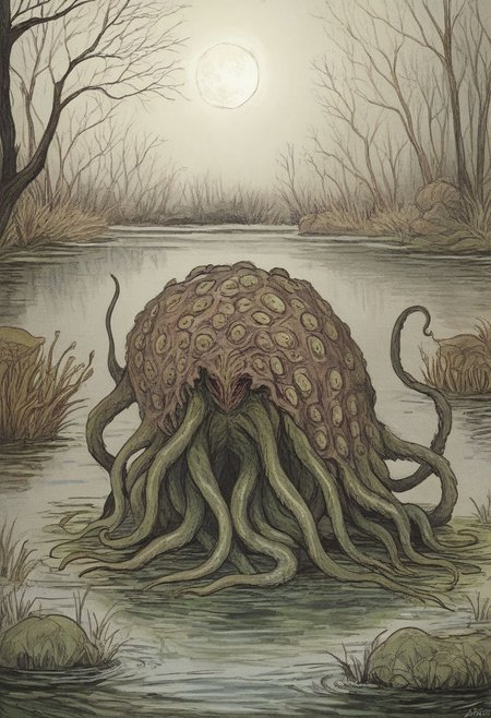 Score_9, in the style of Beatrix Potter, Cthulhu in a swamp, creepy moon