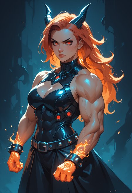 score_9, score_8_up, score_7_up, 
mechanical demon warrior woman, long hair, streaked Hair, red and orange hair, Multicolored Hair, red eyes, horns, blush, serious face, (muscular female:1.6), biceps, fissures in skin, glowing chains, mechanical armor, glowing circuit lines, digital lines, code lines, mechanical gauntlets, flaming hands, cleavage cutout, bare shoulders, mechanical belt, (goth:1.5), cyber goth, glowing spiked choker, red glowing spiked wristbands, action pose, cyberpunk background, hkmagic