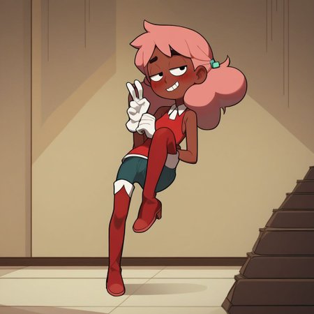 score_9, score_8_up, score_7_up, score_6_up, score_5_up, score_4_up, BREAK, source_anime, connie_maheswaran, indoors, pink hair, small breasts, red boots, white gloves, smile, smug, blush, red top, sleeveless, red miniskirt, peace sign