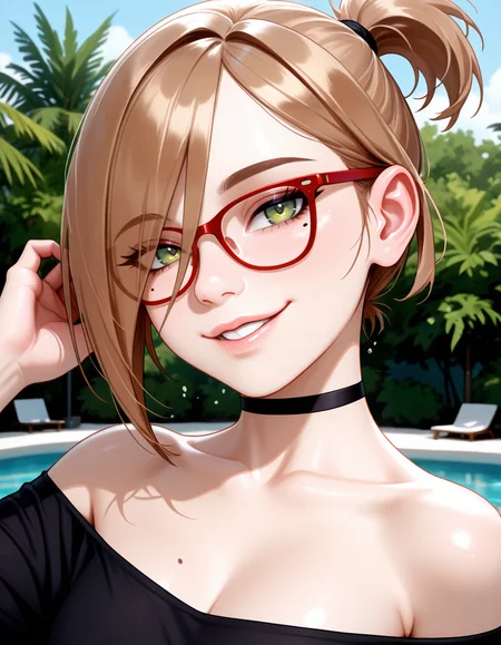 masterpiece, best quality, very aesthetic, absurdres,
outdoors, 
upper body, posing, 
seductive smile, parted lips, long eyelashes,
 <lora:Darcy_Redd_v01_NAIXL:1>
D4rcy_r3dd,1girl,solo,short hair,brown hair,ponytail,hair over one eye,red-framed eyewear,green eyes,mole under eye,choker,