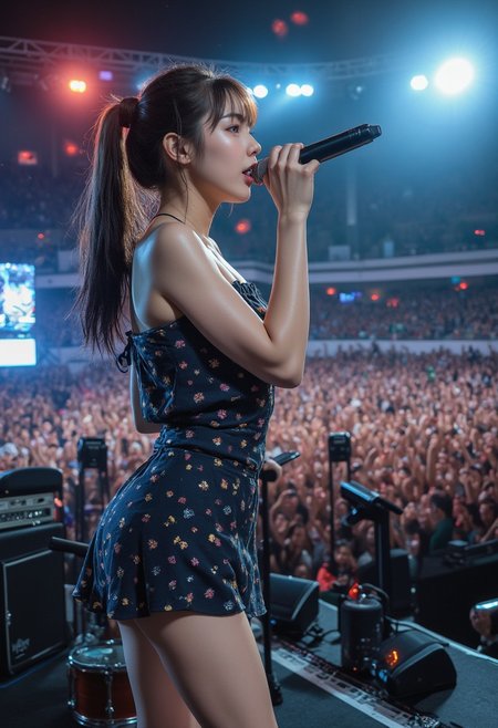 aidmafluxpro1.1, in the style of Jed-clrfl,  
highly detailed 8K image, beautiful Korean girl, Korean idol face, a masterpiece photo of a Korean four-member female rock band singing fiercely on a stage in a luxurious outdoor concert hall, all of whom have incredibly beautiful appearances. They wear girlish clothes, but their songs are dark hardcore metal. The female vocalist of the band holds a microphone and sings fiercely, the female drummer plays the drums beautifully at the back, the female bassist shows off a solid performance, and the female electric guitarist shows off her skills. The concert hall on a hot summer night is filled with the audience, and everyone seems absorbed in the music.