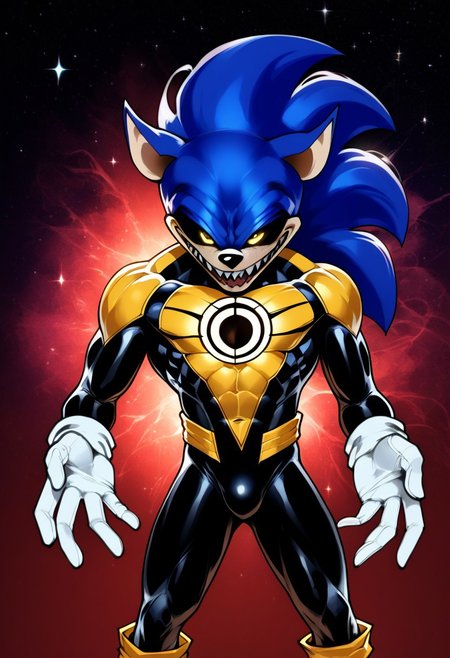 score_9, score_8_up, score_7_up , masterpiece, beautiful,1 male , solo. smug expression,
DemogriEXE, gloves, 1boy, animal ears, blue hair, black eyes,  furry, furry male, body fur, animal nose, blue fur, sonic the hedgehog, distorted eerie version of Sonic the Hedgehog, exaggerated features,desaturated fur
glowing yellow eyes, sharp teeth, wide smile, tongue out,
, SinestronCOS,thighhighs,white gloves,skin tight,bodysuit,superhero,black bodysuit,yellow bodysuit,sinestrocorps symbol on chest, , knee boots, white boots,sinestrocorps symbols on chest, anime art style, starry background, outerspace,