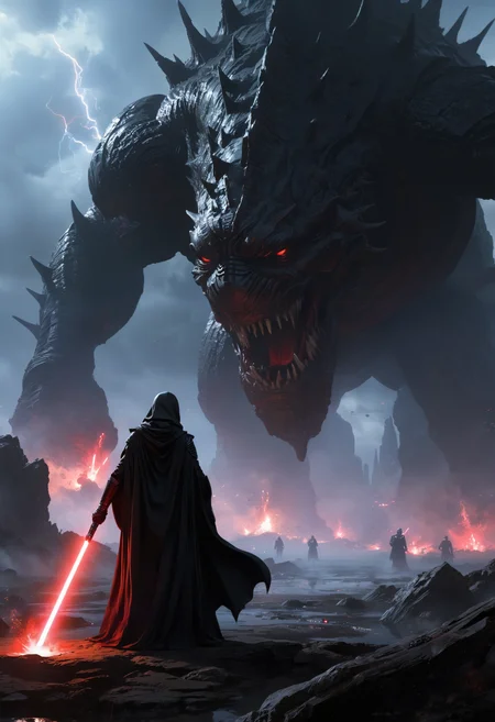 highly detailed and hyper realistic, hyper realistic and highly detailed, ultra intricate details, highly dynamic low angle cinematic full shot, a female Sith fighter dressed in black floating robes and holding a red lightsaber, she is facing a towering goliath colossal otherworldly monster leviathan, epic scale, a dynamic Star Wars battle, from below angle, extremely dangerous and menacing fight, limited dark colors, atmospheric haze, motion blur, depth of field, cinematic, in the style of Star Wars
<lora:xl_more_art-full_v1:0.5> <lora:add-detail-xl:1>