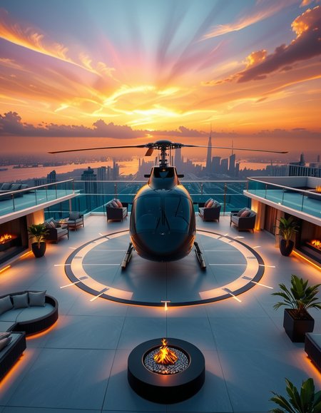A high-resolution photo of a luxurious rooftop of a five-star hotel at sunset, featuring a sleek helipad with a high-end, matte-black private helicopter elegantly parked. The rooftop is designed with ultra-modern architecture, featuring a spacious terrace with infinity-edge glass railings, ambient lighting, and a panoramic city skyline in the background. The surface of the helipad is clean, polished concrete with clear illuminated markings. Surrounding the helipad, there are lounge areas with modern outdoor furniture, minimalist fire pits, and decorative planters with tropical greenery. The lighting is warm and golden, casting soft shadows and highlighting the contours of the helicopter and the textures of the rooftop. The sky is dramatic, painted with hues of orange, pink, and violet, creating a cinematic atmosphere of luxury and exclusivity. The overall mood is elite, calm, and aspirational, showcasing the ultimate in urban luxury lifestyle.
<lora:SDXLFaeTastic2400:0.4> <lora:extremely_detailed:0.4> extremely detailed, <lora:helipad_r00ft0p:1>,helipad r00ft0p, Masterpiece,best quality,hi res,8k,hi res,8k,award winning,(sharp focus, intricate, highly detailed),