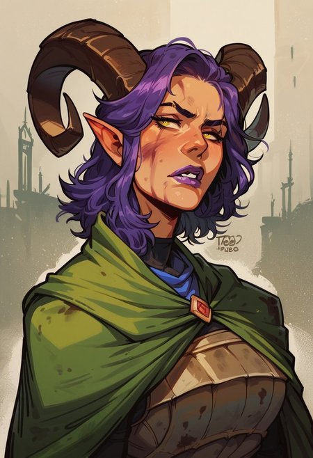 score_9, score_8_up, score_8, score_7_up, score_7, score_6_up, score_6, score_5_up, Score_5, male adventurer, tiefling, gold skin, (curled horns:1.3), purple lipstick, purple hair, bandana, bruises, dirty clothes, armor, bandoleer, pockets, lots of pockets, green cloak, focused expression, vox machine style, 1girl, female focus, solo, portrait,  ruined battlefield background, fantasy, (dynamic lighting:1.1)
((masterpiece))