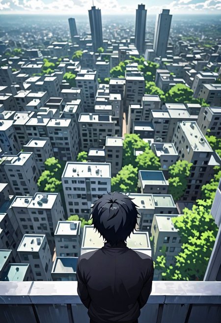 high resolution, solo, best quality, 1Boy, Arata Kaizaki, Black Hair, high-rise, top of building, landscape, depth of field, OverallDetail