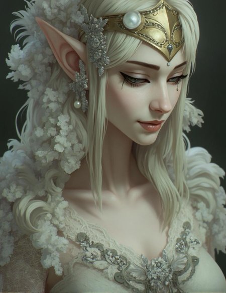 <lora:ck-LttleGhost-000011.safetensors:1> in the style of ck-lttlegh0stAn elven woman with pale skin gazes down at something unseen, her features softened by subtle highlights. She wears intricate lace attire adorned with silver embroidery, pearls, and gold headdress. The image's soft focus, muted colors, and delicate textures evoke an ethereal, dreamlike atmosphere.