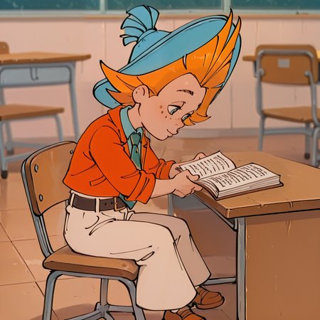 blue hat, Neznajka, jacket, 1boy,  necktie, solo, belt,beige wide pants <lora:Neznajka:1>, (rich colors:1.3),  detailed,   <lora:aidmaMJ6.1_v0.5_IL:0.8> <lora:princess_xl_v2:0.7>, desk, school, sitting on a chair, reading