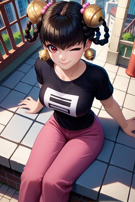 score_9, score_8_up, score_7_up, score_6_up, source_anime, 1girl, solo  <lora:opmlinlin-pdxl-nvwls-v1-000005:1> opmll, black hair, short hair, hair rings, twin braids, red eyes, hair bell, earrings, black t-shirt, large breasts, pink pants, sitting, from above, city, wink, smile, looking at you