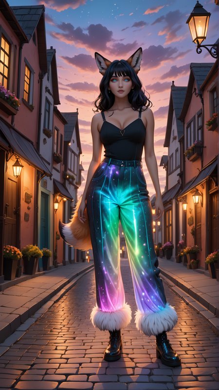 (front view:2), (detailed old mature female gender character:2) wearing detailed (bioluminescent grunge style pants:2), flowing black hair and expressive eyes, (fox-like ears:2), (detailed fox one tail:2), (fox fur skin:2). Walking through a very cozy furry town with pastel color palette, the charming street has cobblestone streets, and (dusk horizon:1.5). Magic sparkles float in the air, adding a subtle touch of fantasy, doortoinfinity <lora:d\EnvyZoomSliderXL01:-1.25> <lora:doortoinfinity:1> <lora:more_details:1.5> <lora:xl_bioluminescent_dress-1.0:1>