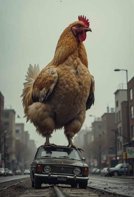 Create a vivid description of a scene where a fluffy giant adorable cute wooly animal chicken titan standing on smashed Car, engage in an epic battle reminiscent of old Japanese films, towering over the buildings of an urban town as they clash in a colossal showdown. very detailed, hd, RAW photograph, masterpiece, top quality, best quality, official art,highest detailed, atmospheric lighting, cinematic composition, complex multiple subjects, 4k HDR,. The photo features faded colors, with a limited palette of gray, beige, and washed-out orange, capturing the chickens cool, striking appearance.. cinematic composition, soft shadows, national geographic style, 
sinister Dark, cinematic, deep blacks, Perfect Hands,, the low-toned orange hues of the evening sun behind volumetric translucent Clouds, cast a mesmerizing backdrop, deep blacks, atmospheric haze, shrouded Dark, Film grain, very detailed, simple, Gradient,, atmospheric haze, Film grain, cinematic film still, shallow depth of field, highly detailed, high budget, cinemascope, moody, epic, OverallDetail, 2000s vintage RAW photo, photorealistic, candid camera, color graded cinematic, eye catchlights, atmospheric lighting, imperfections, natural, shallow dof