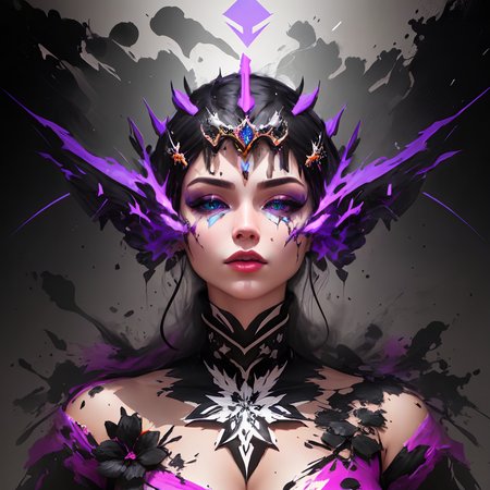 T-shirt design, clean design, epic Instagram, artstation, splash of colorful paint, , contour, ((white background)),purple smoke. a world in beautiful  queen head with lightning, colorful shine, flowers intricately detailed , unreal engine, fantastical, intricate detail, splash screen, complementary colors, fantasy concept art, 8k resolution, deviantart masterpiece, oil painting, heavy strokes, paint dripping