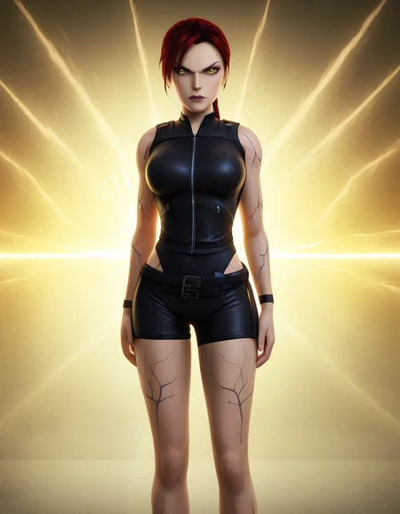 Masterpiece, high-res, 2k, best quality, 2d,  1 girl, laradopple , yellow eyes,  serious, medium shot, black veins, <lora:Lara_dopple_pony-000043:1> Legs behind her arms stretched out