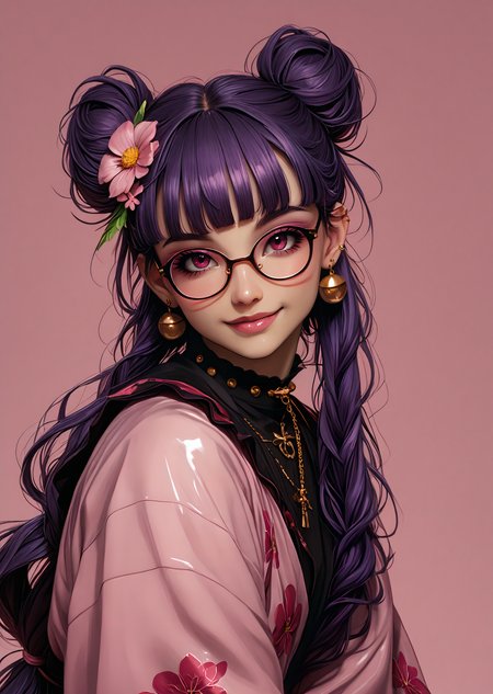 Score_9, score_8_up, score_7_up, score_6
(high-resolution, detailed texture, atmosphere, 3D, Realistic)
(award winning, stunning, masterpiece, best quality, absurdres)
D3monGr1llz 1girl, solo, long_hair, looking_at_viewer, bangs, smile, hair_ornament, jewelry, pink background, gradient background, upper_body, purple_hair, flower, earrings, japanese_clothes, glasses, hairclip, hair_flower, blunt_bangs, hair_bun, collar, lips, double_bun, piercing, crescent, ear_piercing, bandaid, freckles, crescent_hair_ornament, bandaid_on_nose, nose_piercing, lip_piercing
<lora:intricate_details:0.8> intricate_details_xl <lora:more_details:0.8> <lora:D3monGr1llz Pony Style V2:1.8>