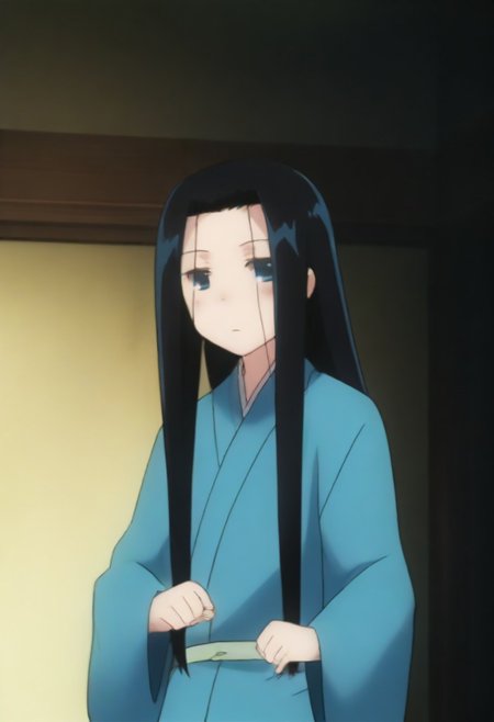 Masterpiece, Top Quality, source_anime, anime screencap, source_anime, auratheguillotine, anime screencap, masterpiece, source_anime, shiny skin,,,,anrakutei, blue_eyes, black_hair, very_long_hair, blue_kimono, long_sleeves, wide_sleeves,