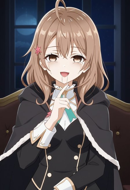 (masterpiece:1.2, best quality, highres, Anime art style) ,(saliva, crying face, empty eyes,tears drop, drug,smile mouth), multiple girls,maria mikhailovna kujou,maria mikhailovna kujou, medium hair, brown hair, ahoge, hair between eyes, hair ornament, brown eyes,(queen, royal gown, cape, regal, majestic, elegant, velvet, embroidered, ornate, elaborate, embellishments, crown,  armchair, ojou-sama_pose, hand up, night, night sky, dark theme, dim lighting, dark background, dark room, backlighting, smile, open mouth, (arm under breasts:0.7))