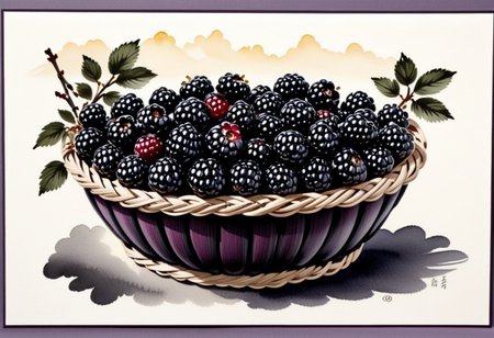 score_9, score_8_up,
blackberryworld, breathtaking sumi-e painting, sunny day painted, blackberry basket, dawn, heavy ink, tapered line ends, simple background, blackberry ornate border