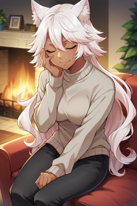 score_9, score_8_up, score_7_up, score_6_up, source_anime BREAK 1girl, solo  <lora:granart-pdxl-nvwls-v1-000005:1> granart, cat ears, dark-skinned woman, long hair, white hair, grey sweater, black pants, sitting, couch, closed eyes, happy, hand to own face, indoors, fireplace