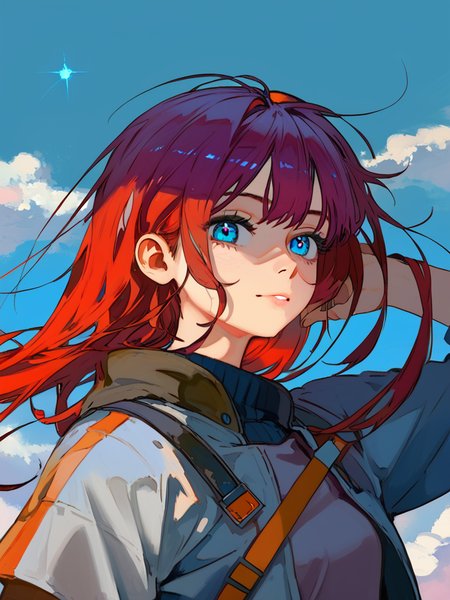 PDXL, <lora:KukkaV2:1>, kukk4, volumetric reflections, volumetric shadows, HDR, shot on Canon DSLR,
1girl, cute face, detailed eyes, long red hair, blue eyes, upper body BREAK galaxy in the background, clouds