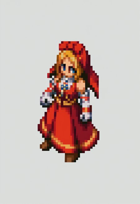 score_9, score_8_up, score_7_up, source_anime, BREAK, solo, 1girl, <lora:FFT-SpritesV2-pdxl_Fp:1>, looking at viewer, straight-on, full body, standing, solid oval eyes, no mouth, no nose, pixel art, from side, <lora:Idun-pdxl-DoRA_Fp:1>, idunnsmt, short hair, blonde hair, blue eyes, veil, red bow, red dress, vest, white gloves, elbow gloves, bare shoulders, brooch,
