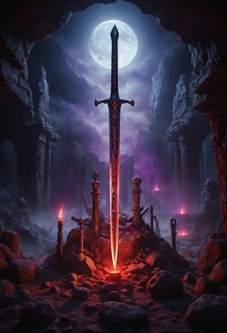 ancient cave, sword in stone, vertical position of sword, glowing sword, violet glowing,( sword on the altar:1.3), ritual, close up, mysterious fog around the sword, the fog glows , runes glow red dim light, glass of blood, sculls, moon light, corpses of warriors, skeletons, 4K resolution, photorealistic rendering, using cinema 4D 
Wide range of colors., Dramatic,Dynamic,Cinematic,Sharp details
Insane quality. Insane resolution. Insane details. Masterpiece. 32k resolution.
dvr-lnds-sdxl, ral-apoctvisn, dark, chiaroscuro, low-key, zavy-rmlght
