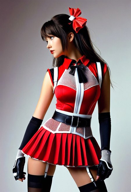 A hyper-realistic portrait of a girl's upper body, dressed in a vibrant red and black costume with white accents, featuring a sleeveless red dress with a white mesh panel, cinched at the waist with a black belt, paired with a pleated red mini skirt, black thigh-high stockings, and black fingerless gloves, her hair adorned with a red bow accessory, and black boots, set against a stark, high-contrast background with dramatic lighting, highlighting the intricate textures and folds of the costume, in a style reminiscent of high-fashion photography, with ultra-detailed, crisp lines and a bold color palette.