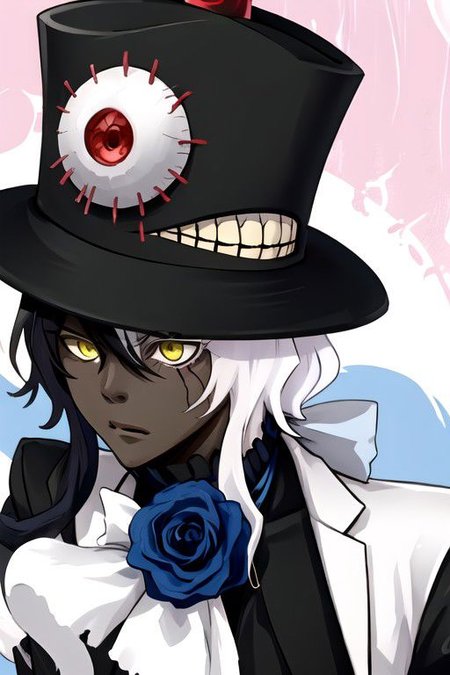 shiromi, hat, dark skin, yellow eyes, heterochromia, white hair, flower, long hair, blue flower, multicolored hair, black hair, top hat, blue rose, rose, 1boy, black headwear, dark-skinned male, formal, purple eyes, black sclera, cracked face, colored sclera