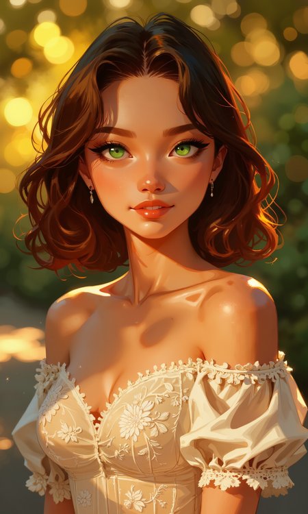 Enchanting portrait of a young woman with striking emerald eyes and wavy chestnut hair cascading over her shoulders. She wears an off-shoulder ivory lace dress, exuding timeless elegance. Her porcelain skin glows under soft, diffused lighting, accentuating her high cheekbones and delicate features. The background blurs into a dreamy bokeh of warm golden tones, suggesting a sunlit garden. Her pose is graceful yet relaxed, with a gentle smile playing on her lips. The image captures a sense of ethereal beauty, blending classical portraiture with modern aesthetics. High-resolution details reveal the intricate textures of her dress and the depth in her eyes. 8K quality, photorealistic rendering, professional studio lighting. <lora:dreadmirth-art-style:0.4> <lora:Organic Sauce - FLUX:0.6> <lora:flux_dev:1>