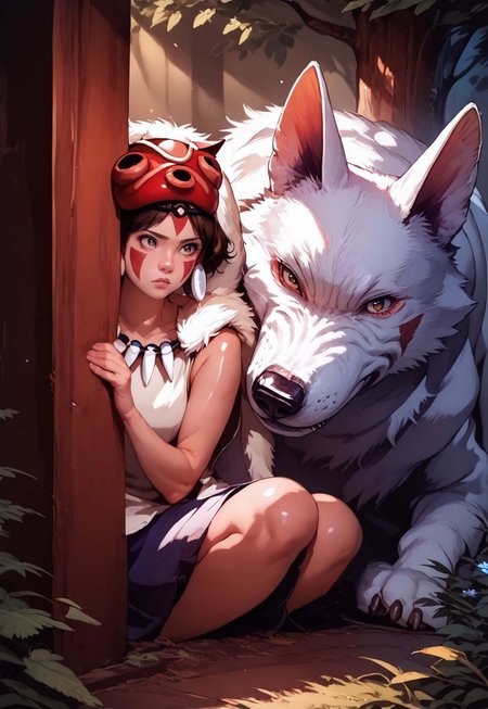 score_9, score_8_up, score_7_up,  1girl, San(/Princess Mononoke)/,(ultra HD quality details), pale skin, brown hair, facepaint, brown eyes, short hair, mask on head,
shiny skin, eye contact, fur cape, crystal necklace, sleeveless_shirt,
tilted angle, moody lighting, p3tl0v3, full body, white wolf, peeking out , hiding behind white wolf, dim lighting, medieval fantasy, perfect quality, high quality, photorealistic, sitting BREAK orange and blue hue, (abstract:0.2), expressiveH