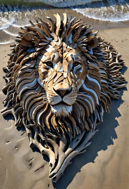 (drift wood washes up on the shore, all the tiny parts of drift wood form together to create a perfect  shape of a Driftwood Lion on the shore), abstract, 3d render, strong, insanely intricate details, (masterpiece), breathtaking natures art work