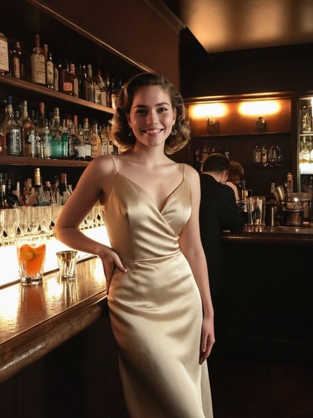 Analog photo of a woman looking like Annie_Crow_P_MXAI_SDXL wearing aan elegant silk coctail dress, flirty smile, in an elegant dimly lit cocktail bar, shot from the side