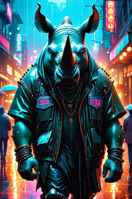 Detailed digital illustration of an anthro Rhinoceros (Whispering a secret, creating intrigue) at a Rain-soaked streets with glowing cyber signs, <lora:xl_more_art-full_v1:0.5>,  <lora:anthro_muscular:0.7>,  <lora:MJ52:0.6>, <lora:madpunk:0.4> madpunk