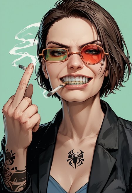 score_9, score_8_up, score_7_up, score_6_up, score_5_up, score_4_up, abstract background, upper body, portrait BREAK
<lora:SJGlasses_d8-000010:0.9> sjglasses, human, female, jill valentine, medium breasts tatoo, looking at viewer, grin, black jacket, open jacket, smoking, cigarette, smoke, abs, middle finger, clenched teeth, sm0k3, cigarette, cigarette between clenced teeth